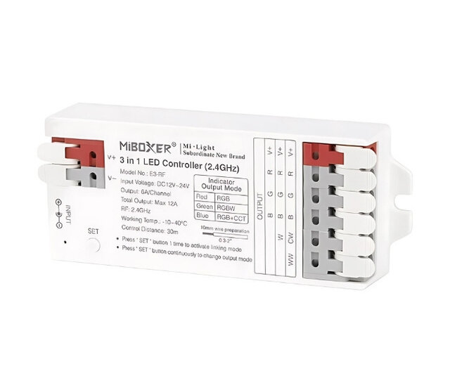 Professionelle 2,4 GHz 3-in-1 LED-Controller E3-RF für RGB, RGBW & RGB+CCT LED-Streifen – Funkfernbedienung, 12-24V DC, max. 144W, DMX-Steuerung, kompatibel mit Smart-Home-Systemen Professionelle 2,4 GHz 3-in-1 LED-Controller E3-RF für RGB, RGBW & RGB+CCT LED-Streifen – Funkfernbedienung, 12-24V DC, max. 144W, DMX-Steuerung, kompatibel mit Smart-Home-Systemen