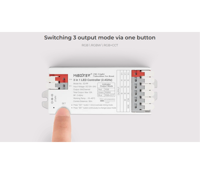 Professionelle 2,4 GHz 3-in-1 LED-Controller E3-RF für RGB, RGBW & RGB+CCT LED-Streifen – Funkfernbedienung, 12-24V DC, max. 144W, DMX-Steuerung, kompatibel mit Smart-Home-Systemen Professionelle 2,4 GHz 3-in-1 LED-Controller E3-RF für RGB, RGBW & RGB+CCT LED-Streifen – Funkfernbedienung, 12-24V DC, max. 144W, DMX-Steuerung, kompatibel mit Smart-Home-Systemen