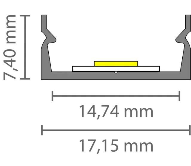 LED-Einbauprofil mit Abdeckung 17,15 mm x 7,40 mm - 04ALU | Aluminium LED-Streifenprofil für Innenbeleuchtung | Präzise Maße in mm | Hochwertige LED-Installation
