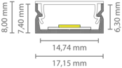 LED-Einbauprofil mit Abdeckung 17,15 mm x 7,40 mm - 04ALU | Aluminium LED-Streifenprofil für Innenbeleuchtung | Präzise Maße in mm | Hochwertige LED-Installation