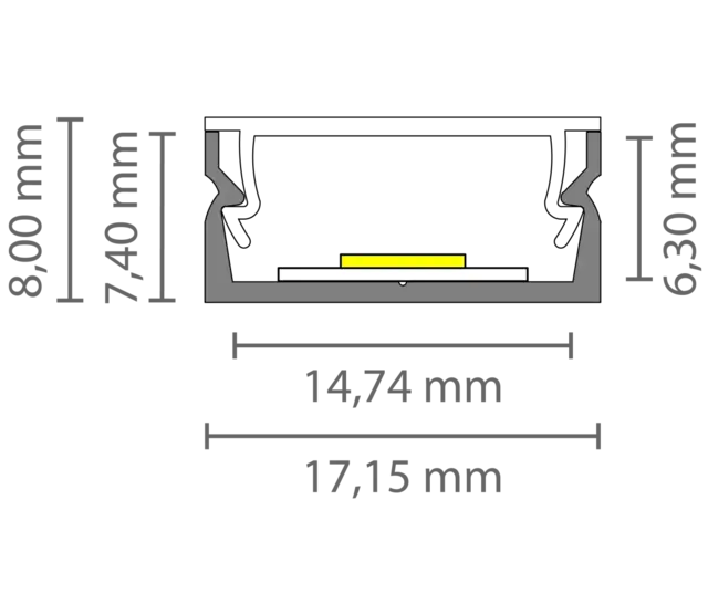 LED-Einbauprofil mit Abdeckung 17,15 mm x 7,40 mm - 04ALU | Aluminium LED-Streifenprofil für Innenbeleuchtung | Präzise Maße in mm | Hochwertige LED-Installation