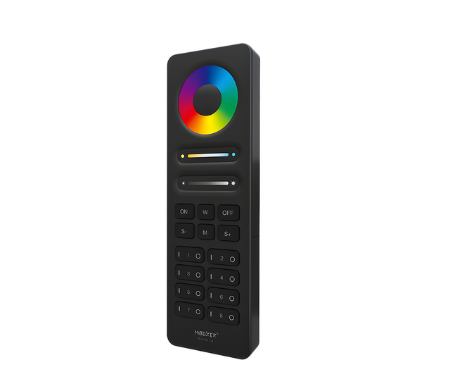 Schwarze LED-Strip-Fernbedienung Miboxer C8 – Steuerung für 8 Zonen RGB/RGBW/RGBCCT LEDs
