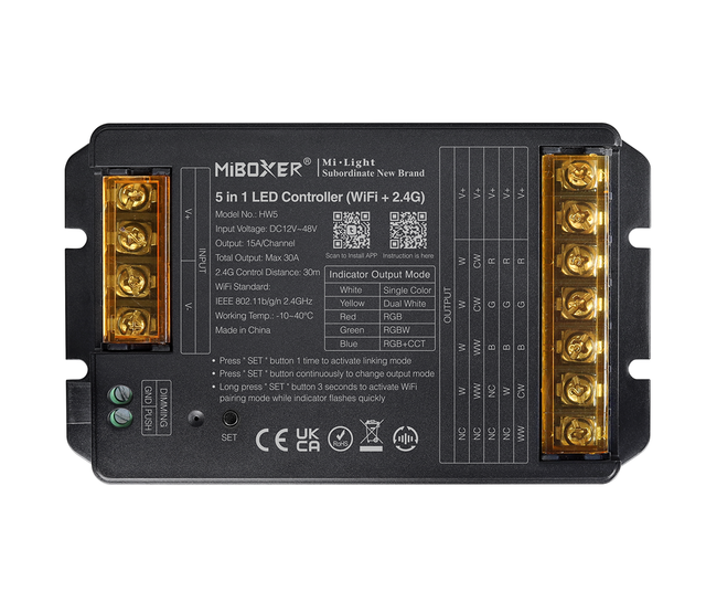 Professioneller 30-Ampere-LED-Controller 5-in-1 – Einfarbig / Dualweiß / RGB / RGBW / RGBWW / RGBCCT LED-Streifen 12–24–48 V – HW5