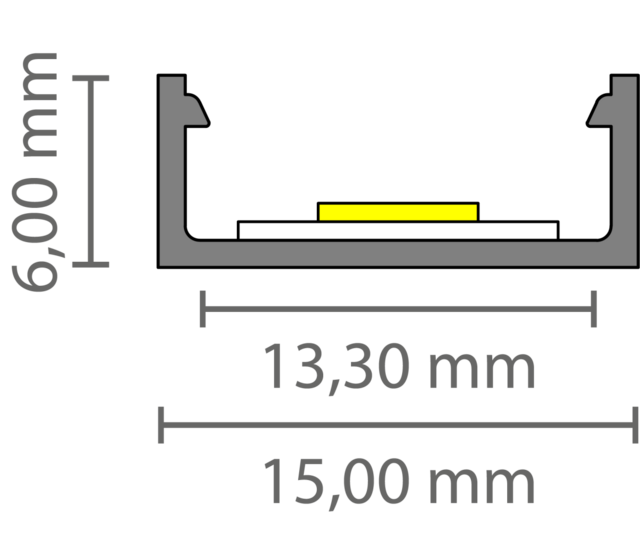 15 mm × 6,69 mm Aluminium-LED-Profil in 3 m Länge mit Abdeckung für LED-Streifen – 301ALU. Robustes, kratzfestes Aluminium, passend für LED-Streifen bis 13,3 mm Breite.