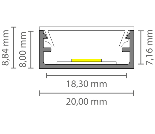 8,84 mm x 20 mm LED-Aluminiumprofil 3m mit Diffusorabdeckung für LED-Streifen – 304ALU, hochwertiges Montagesystem für indirekte Beleuchtung, präzise Maße nach DIN-Norm