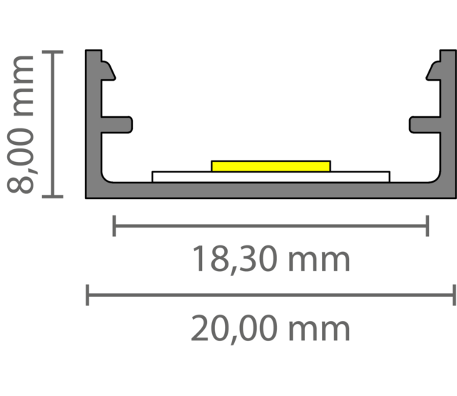 8,84 mm x 20 mm LED-Aluminiumprofil 3m mit Diffusorabdeckung für LED-Streifen – 304ALU, hochwertiges Montagesystem für indirekte Beleuchtung, präzise Maße nach DIN-Norm