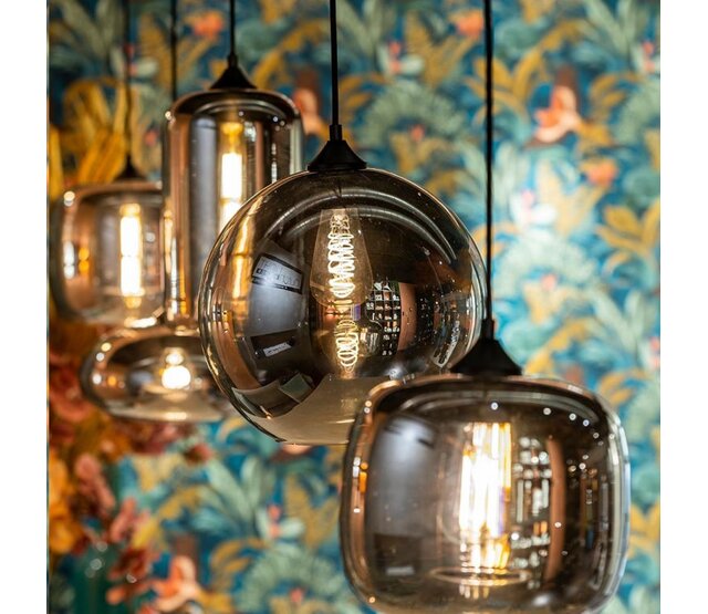 LED Pendelleuchte Botany – Dimmbar, Höhenverstellbar, E27-Fassung, Aluminium & Glas, in Amber, Grau und Titan