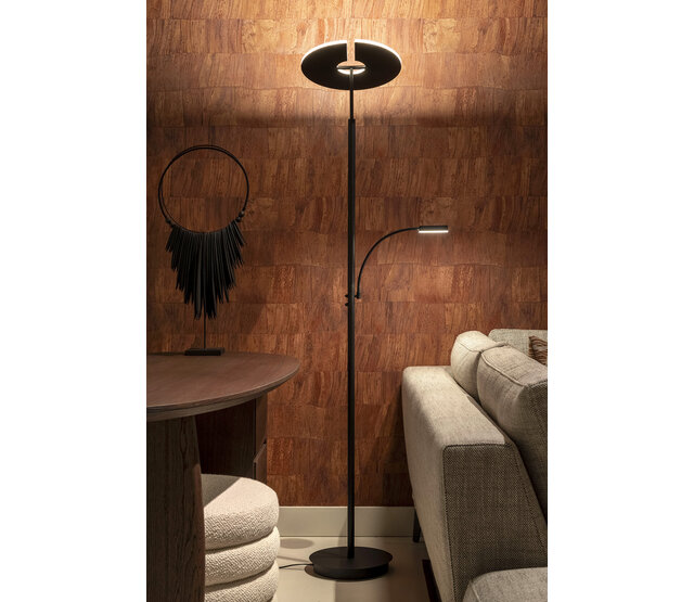 LED Stehleuchte & Leseleuchte Riva in Schwarz, integrierte LED 30W + 6W, dimmbar, 2200K–3500K, 3140lm, CRI80, IP20, Klasse II, Aluminium, 35×35×180cm