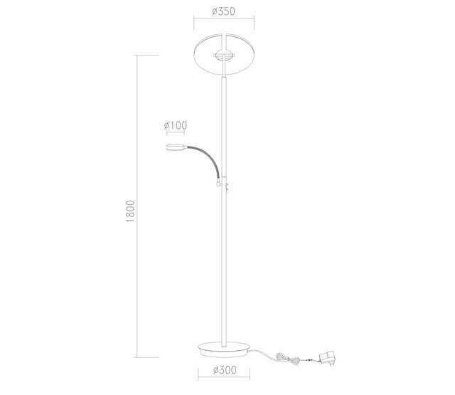 LED Stehleuchte & Leseleuchte Riva in Schwarz, integrierte LED 30W + 6W, dimmbar, 2200K–3500K, 3140lm, CRI80, IP20, Klasse II, Aluminium, 35×35×180cm