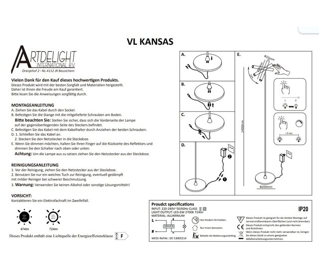 LED Stehleuchte Kansas, integrierte LED 6W, dimmbar, 2700K, 720lm, CRI90, IP20, Klasse I, Aluminium, 25×20×140cm – erhältlich in Schwarz, Schwarz/Bronze, Schwarz/Champagne und Schwarz/Warm Gold