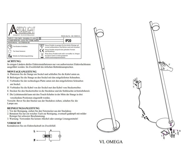 LED Stehleuchte Omega in Schwarz, integrierte LED 7W, dimmbar, 2700K, 660lm, CRI90, IP20, Klasse I, Aluminium, 30×30×146,3cm