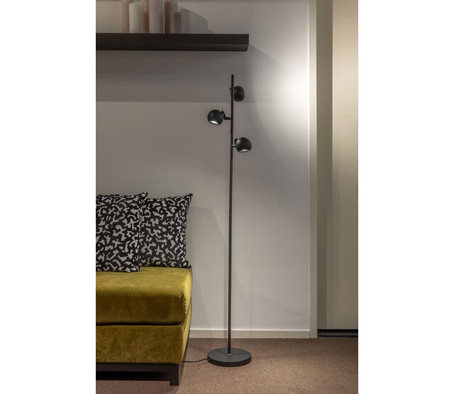 LED Stehleuchte Bolero mit 3 Lichtern in Schwarz, GU10-Fassung, max. 35W, Stahl, mit Fußschalter, verstellbare Spots, 25×25×160cm