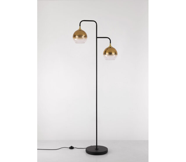 LED Stehleuchte Dajano mit 2 Lichtern in Schwarz/Gold, E27-Fassung, max. 40W, Stahl, mit Fußschalter, kombinierbar mit Glas- oder Stoffschirmen bis Ø30cm, 45×30×175cm