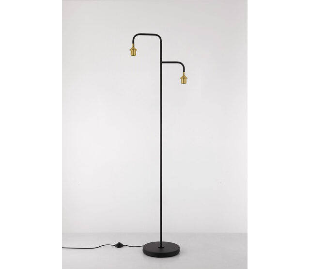 LED Stehleuchte Dajano mit 2 Lichtern in Schwarz/Gold, E27-Fassung, max. 40W, Stahl, mit Fußschalter, kombinierbar mit Glas- oder Stoffschirmen bis Ø30cm, 45×30×175cm