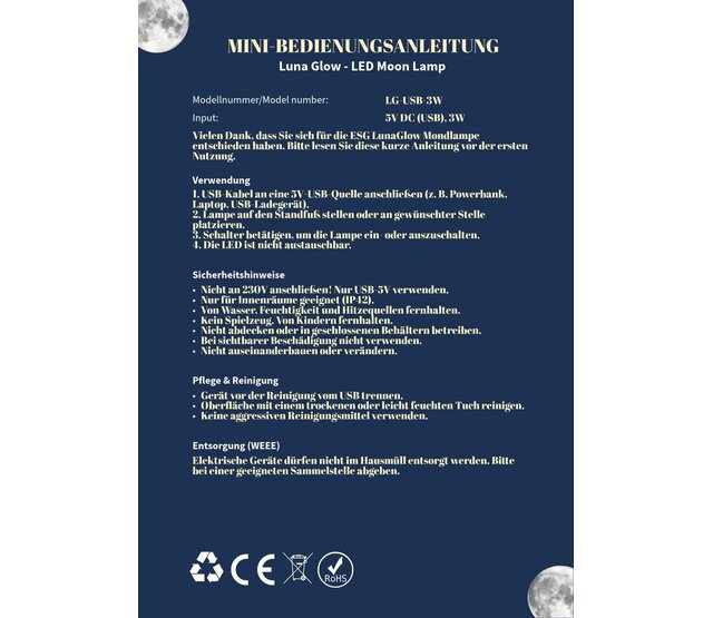 LED Tischleuchte Luna Glow – USB LED Mondlampe, integrierte LED 3W, 240lm, warmweiß bis kaltweiß (2700K–6500K), dekoratives Stimmungslicht für Innenräume