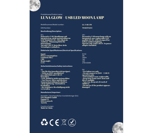 LED Tischleuchte Luna Glow – USB LED Mondlampe, integrierte LED 3W, 240lm, warmweiß bis kaltweiß (2700K–6500K), dekoratives Stimmungslicht für Innenräume