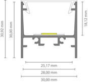 XL306ALU LED-Profil, 3 Meter, 30 × 30,92 mm mit opaler Abdeckung