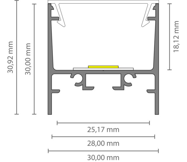 XL306ALU LED-Profil, 3 Meter, 30 × 30,92 mm mit opaler Abdeckung