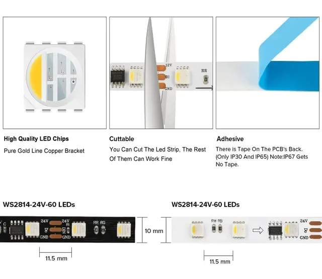 WS2814 COB LED-Streifen mit RGB und Warmweiß, 24 V, 5 Meter