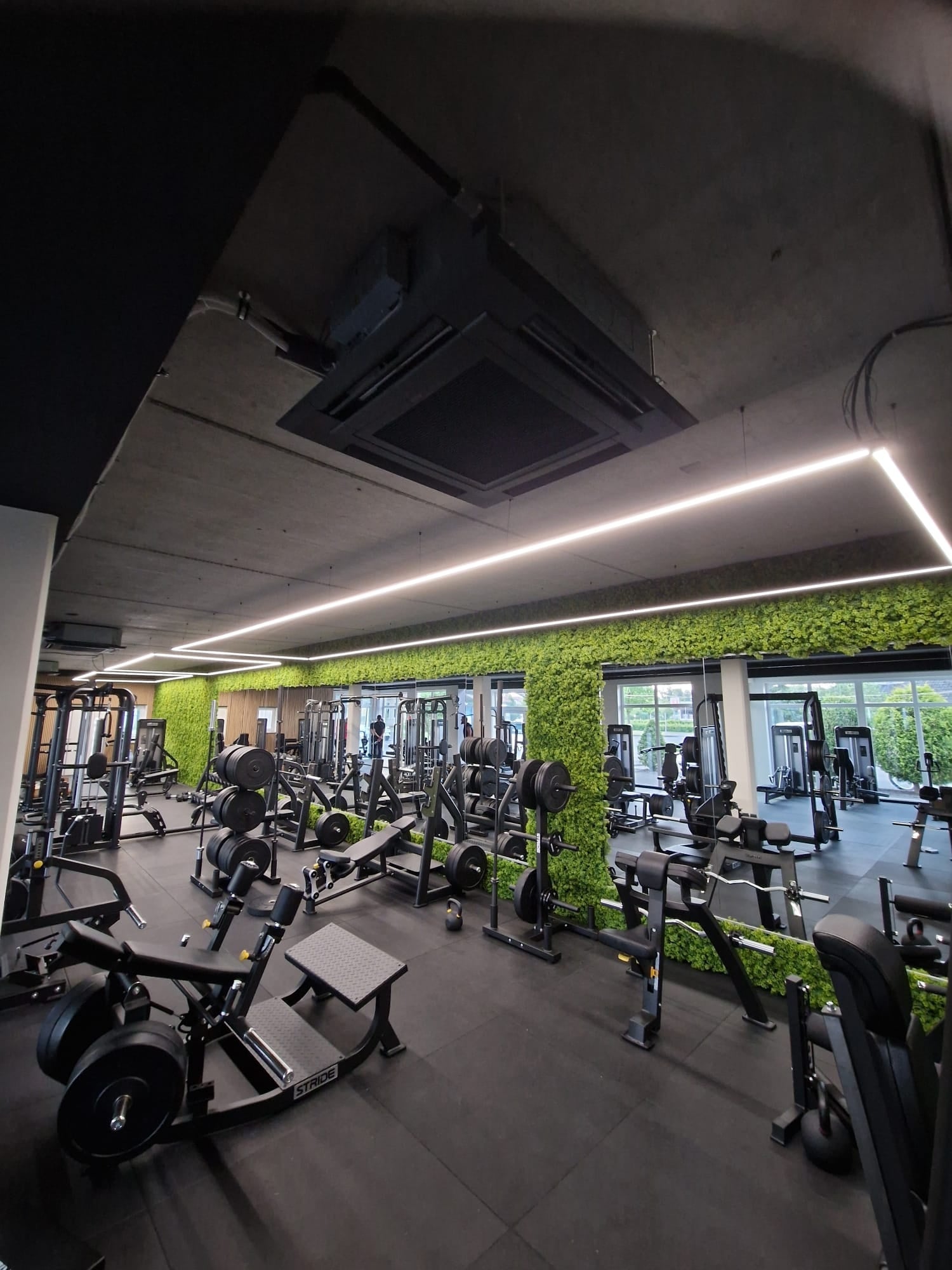 Moderne fitnessruimte met RGBWW LED-verlichting en groene moswand. in RGBWW LED-Beleuchtung Kraftwerk Neuhof