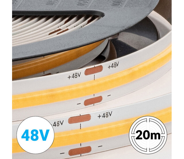 COB LED Streifen 48V Ultra-Long – 20 m durchgehend, 3000 K Warmweiß, 8 W/m, 680 lm/m, 480 LEDs/m, IP20, CRI ≥ 90 | Premium-Warmweiß für lange Lichtbahnen ohne Stoßstellen