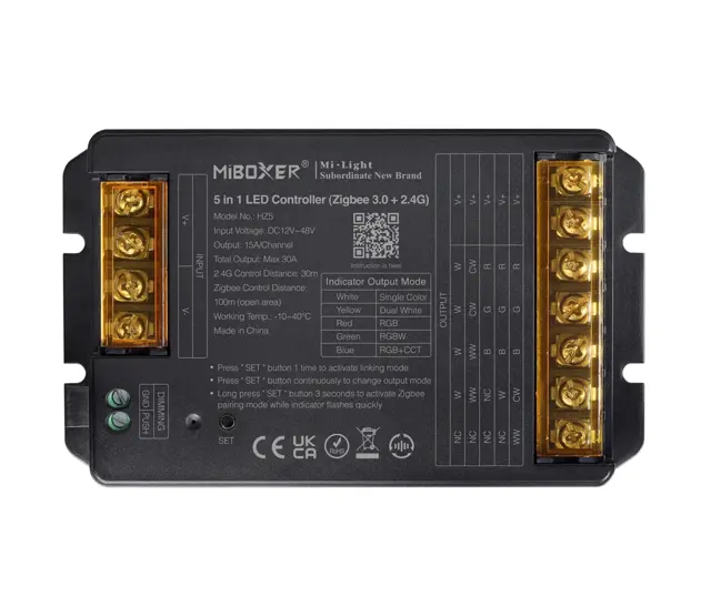 Miboxer HZ5 5-in-1 Hochstrom LED Controller 30A – Zigbee 3.0 & 2.4G RF, DC 12–48V (RGB+CCT, RGBW, CCT)