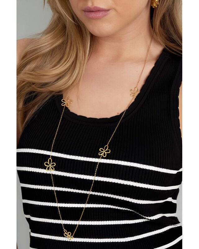 Dames Sieraad - Lange Ketting - Open Bloemen - Goud