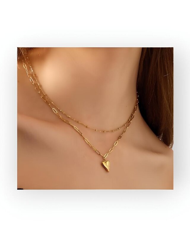 Dames Schakel Hals Ketting - Dubbel- Hart Design - goud