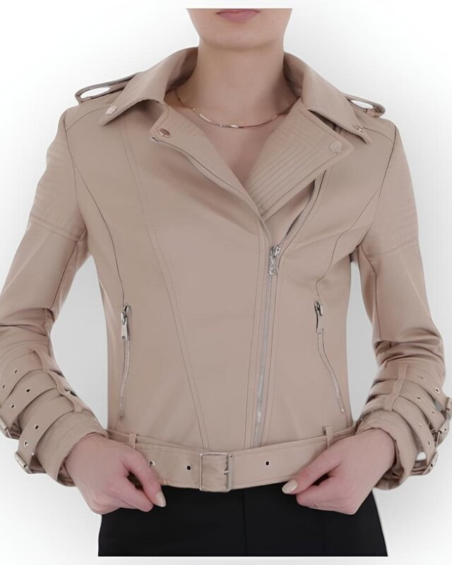 Dames Leder Biker Jack -Beige - Biker Fashion