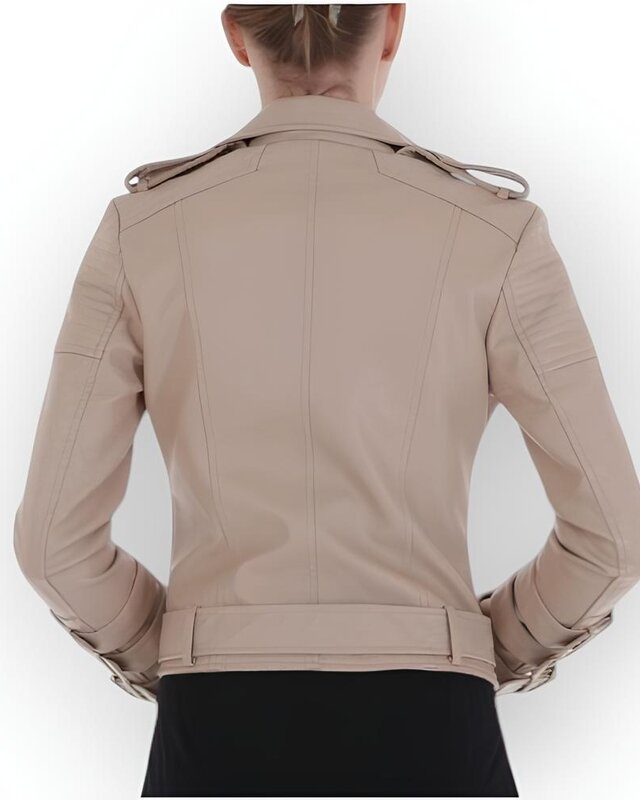 Dames Leder Biker Jack -Beige - Biker Fashion
