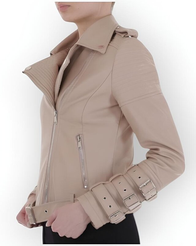 Dames Leder Biker Jack -Beige - Biker Fashion