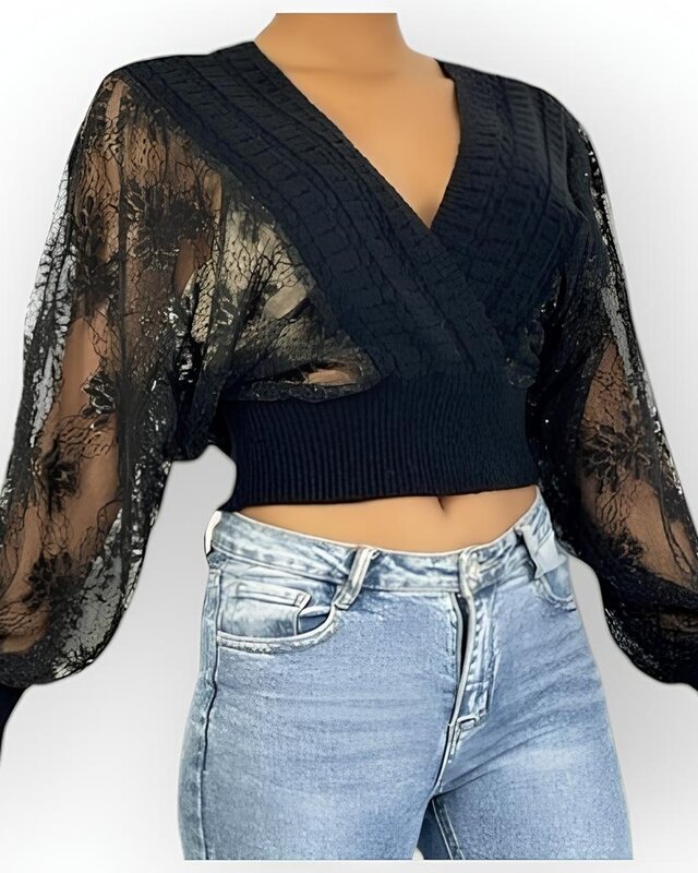 Dames Wikkel Top - Kant Design - Zwart