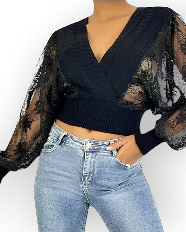 Dames Wikkel Top - Kant Design - Zwart