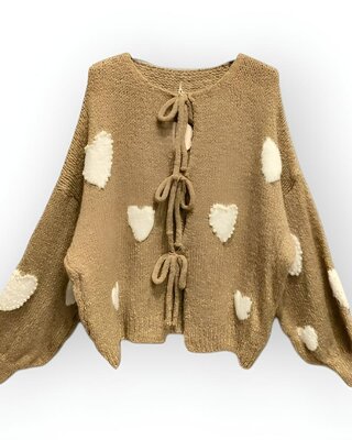 Trendy Dames Trui - Knotted - Hartdesign - Parels - Camel