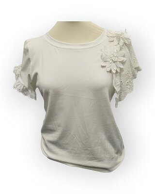 Dames T-shirt -  Broderie - Bloem -Ruffel