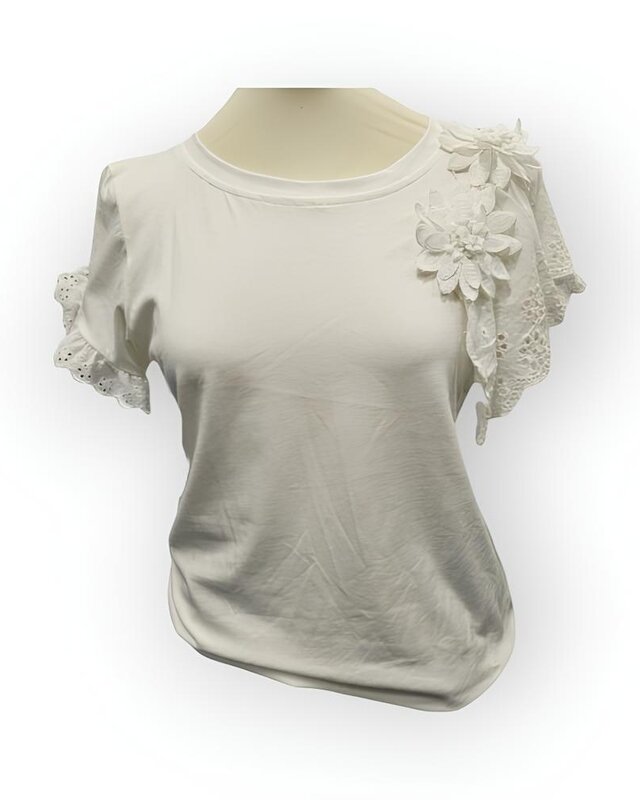 Dames T-shirt - Broderie - Bloem -Ruffel