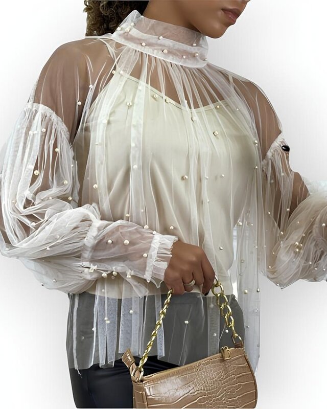 Dames - Blouse - Parelstuds - Tule - Glamour