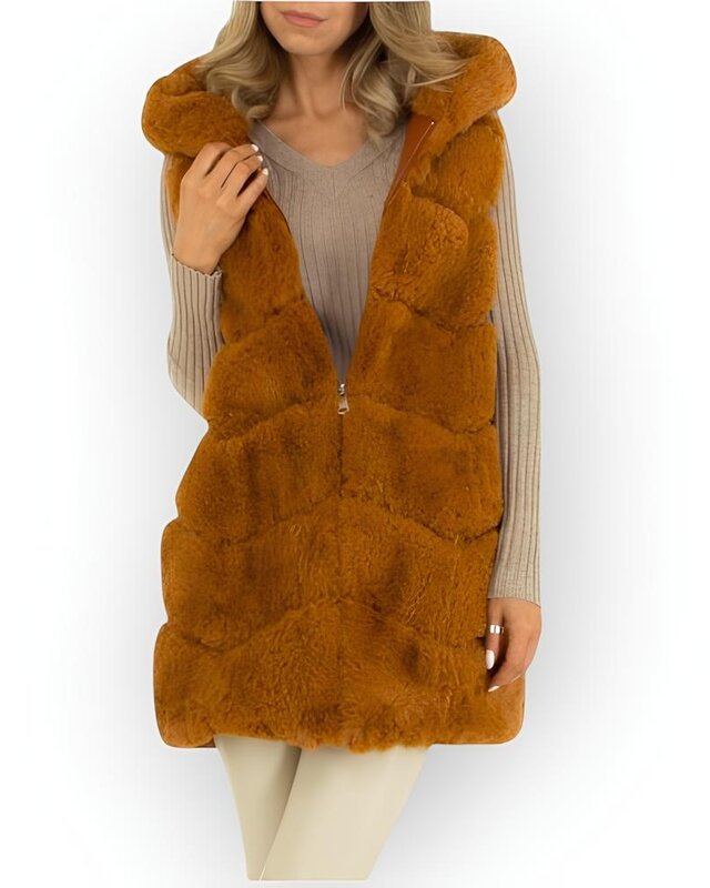 Winter Bodywarmer - Faux fur - Capuchon - Dames Luxe - Camel