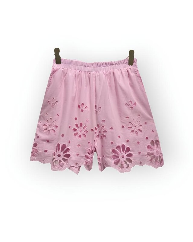Betoverende Roze Dames Short | Broderie Bloemmotieven - Zomer