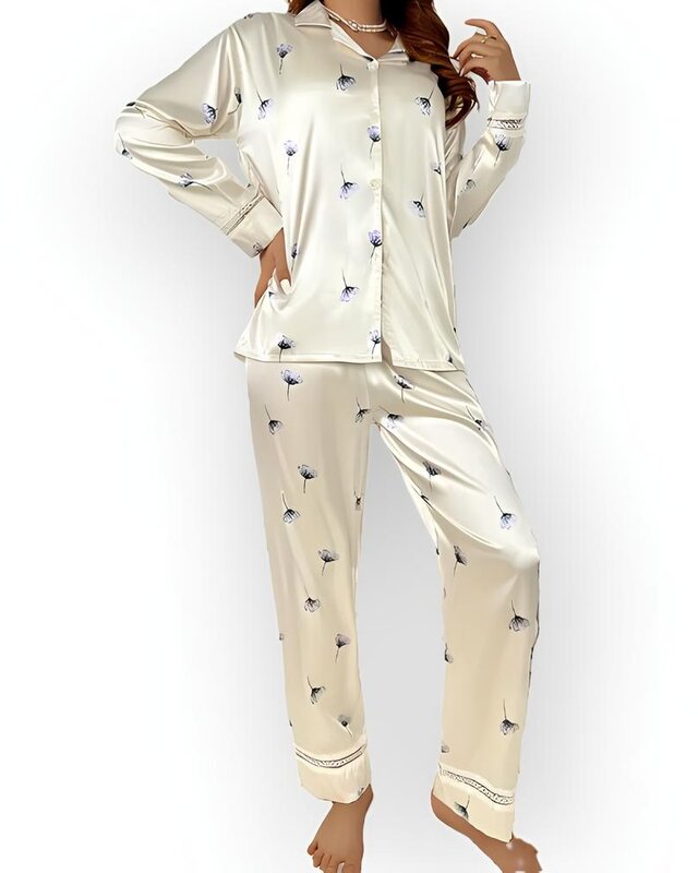 Elegant Blossom | Satijnen Dames Pyjama – Luxe & Romantisch