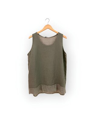 Boho Chic | Mouwloze Dames Top - Broderie - kaki