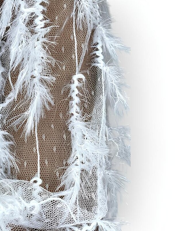 Feather Elegance | Witte Col top - Geborduurd Visnet & Veren