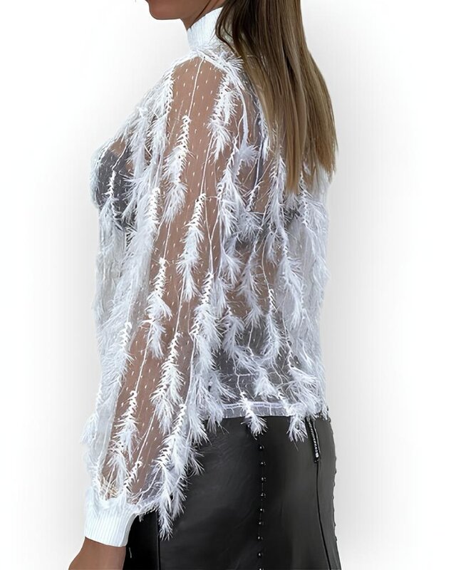 Feather Elegance | Witte Col top - Geborduurd Visnet & Veren