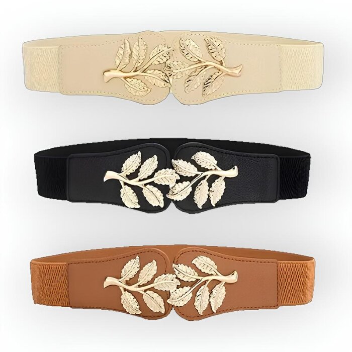 Elastische Dames Riem  | Met Gouden Bladeren - Imitatieleer
