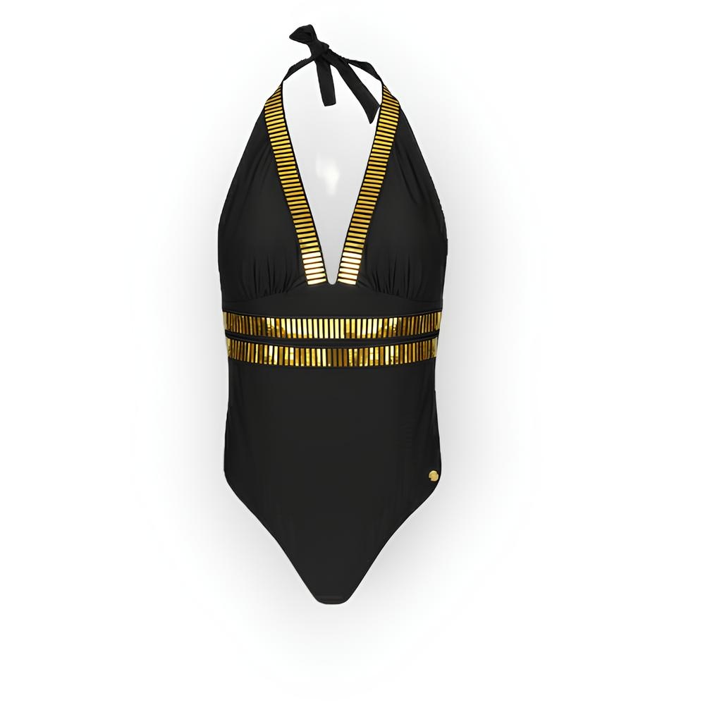 Serena | Zwart Badpak met Gouden Strepen - Halter Strikbandjes