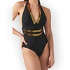 Serena | Zwart Badpak met Gouden Strepen - Halter Strikbandjes