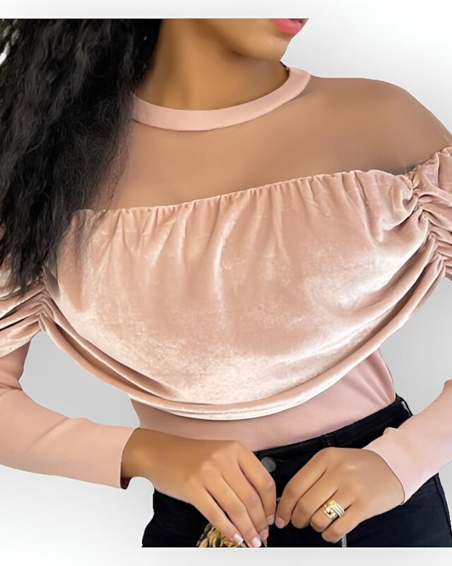 Seleste | Transparante Dames Top - Fluwelen Drapering - Lange Mouwen