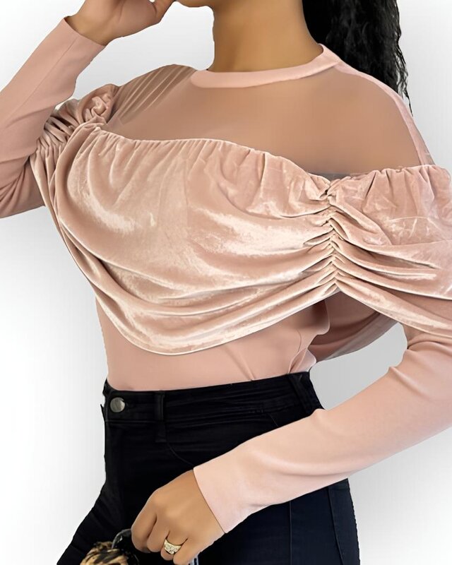 Seleste | Transparante Dames Top - Fluwelen Drapering - Lange Mouwen