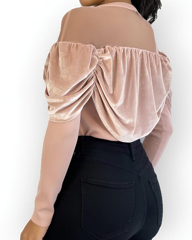 Seleste | Transparante Dames Top - Fluwelen Drapering - Lange Mouwen