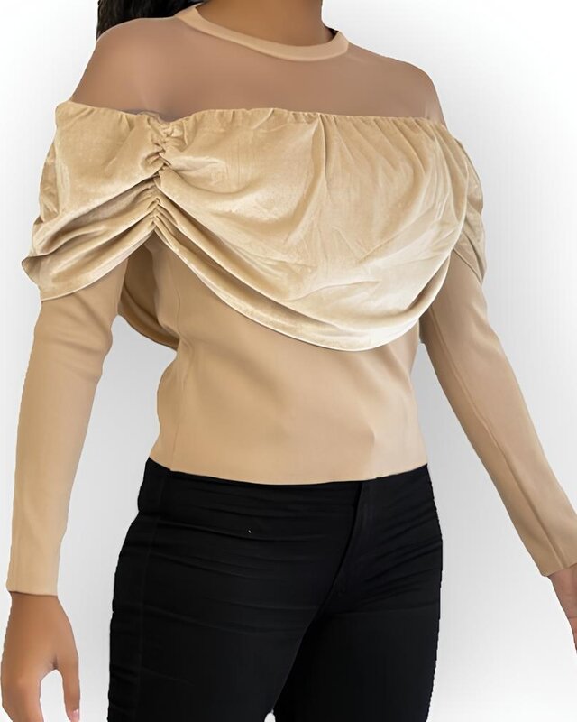 Seleste | Transparante Dames Top - Fluwelen Drapering - Lange Mouwen